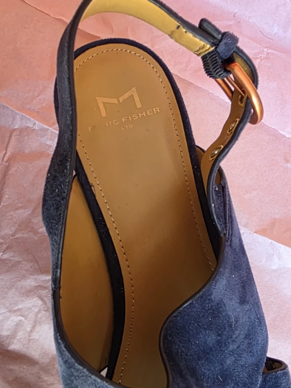 Marc Fisher Navy Suede Platform Wedge Sandals with Copper Studs